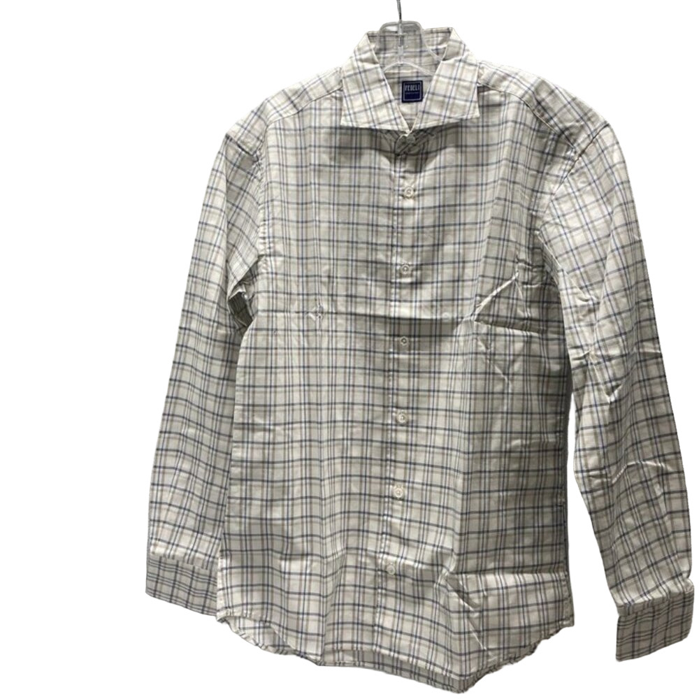 NEW FEDELI Mens Linen Blend Long Sleeve Button Shirt Size 36-38 Check Blue/Beige